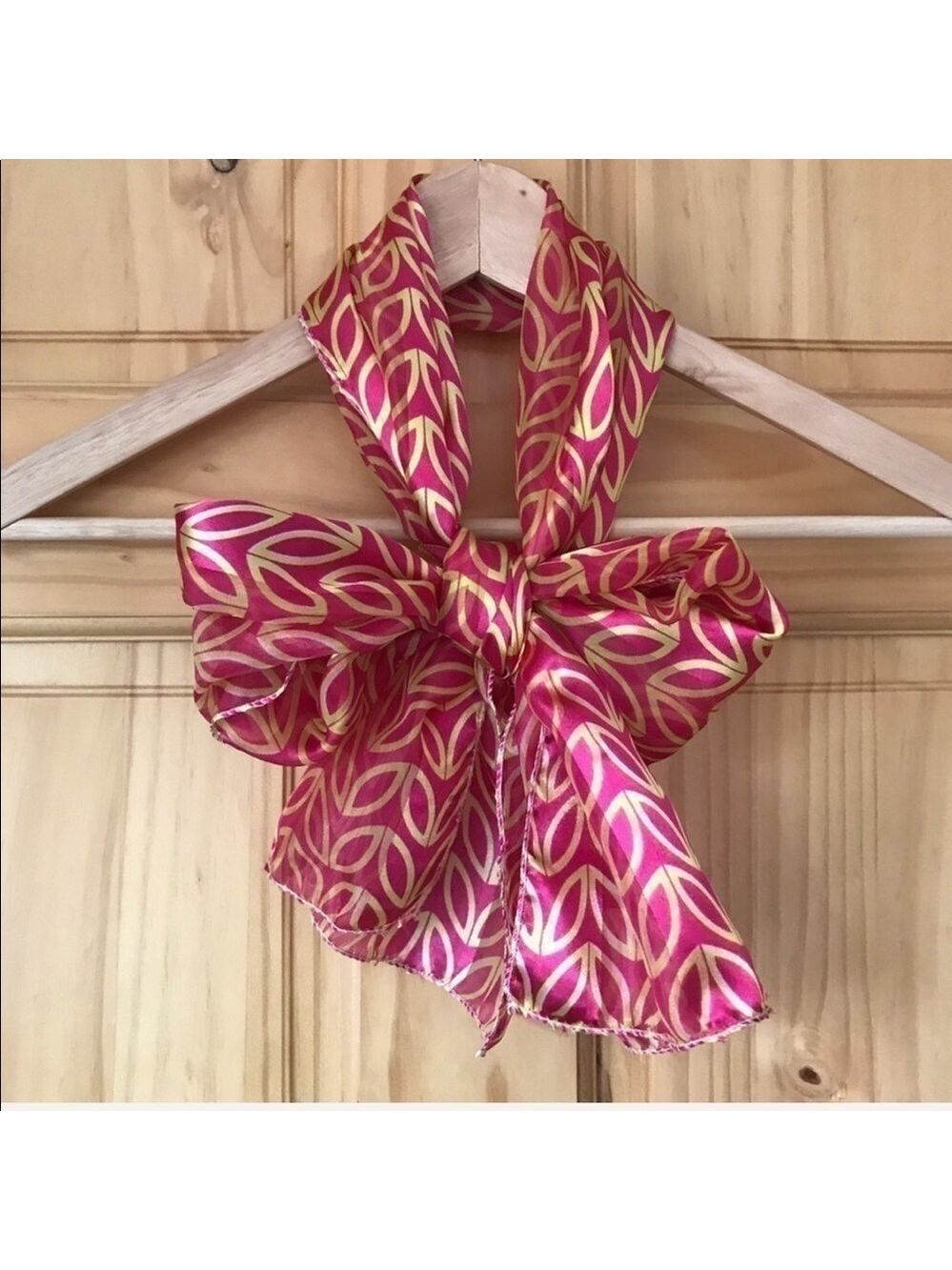 Dressy long Silky pink yellow printed pussybow 60” scarf